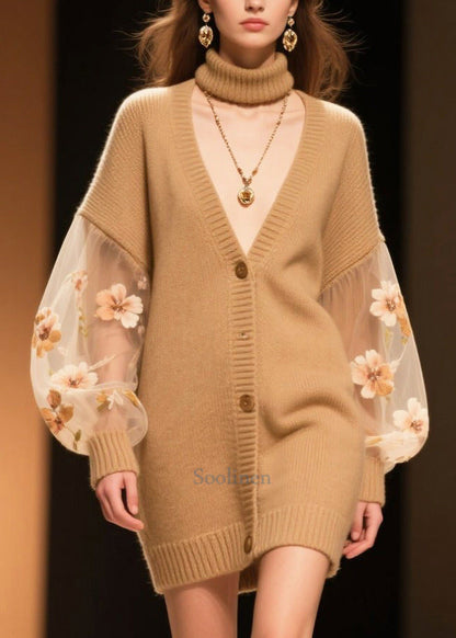 Simple Coffee Oversized Patchwork Tulle Knit Cardigans Fall