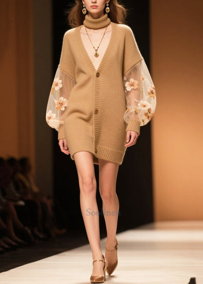 Simple Coffee Oversized Patchwork Tulle Knit Cardigans Fall