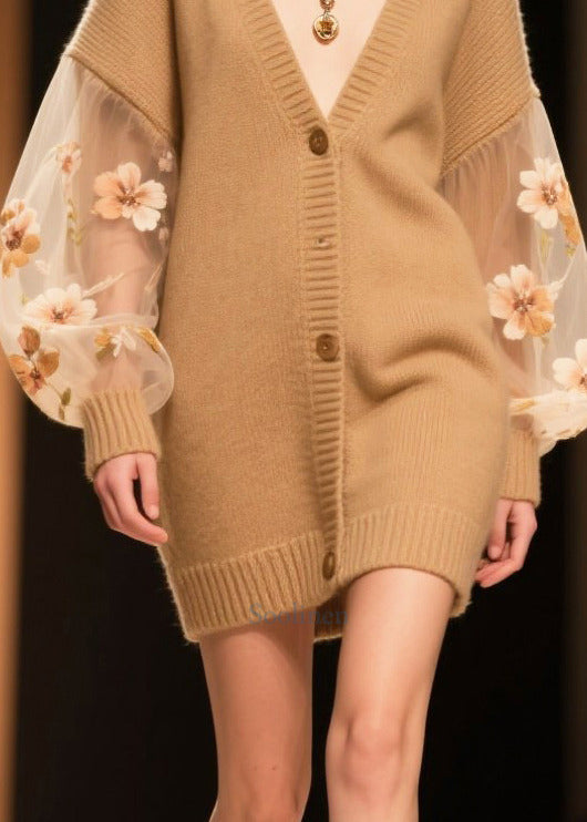 Simple Coffee Oversized Patchwork Tulle Knit Cardigans Fall