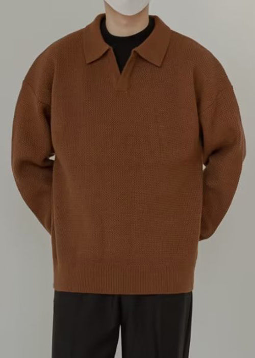 Simple Coffee Peter Pan Collar Solid Knit Mens Sweaters Spring