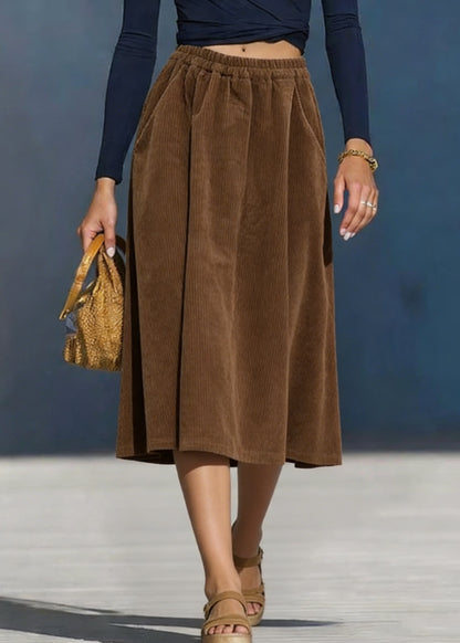 Simple Coffee Pockets Solid Elastic Waist Corduroy Skirt