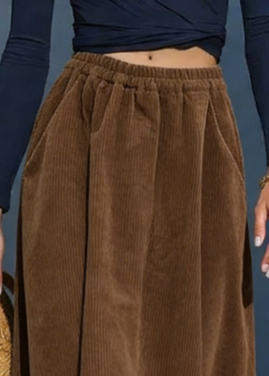 Simple Coffee Pockets Solid Elastic Waist Corduroy Skirt
