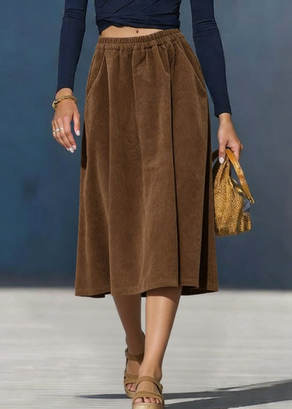 Simple Coffee Pockets Solid Elastic Waist Corduroy Skirt