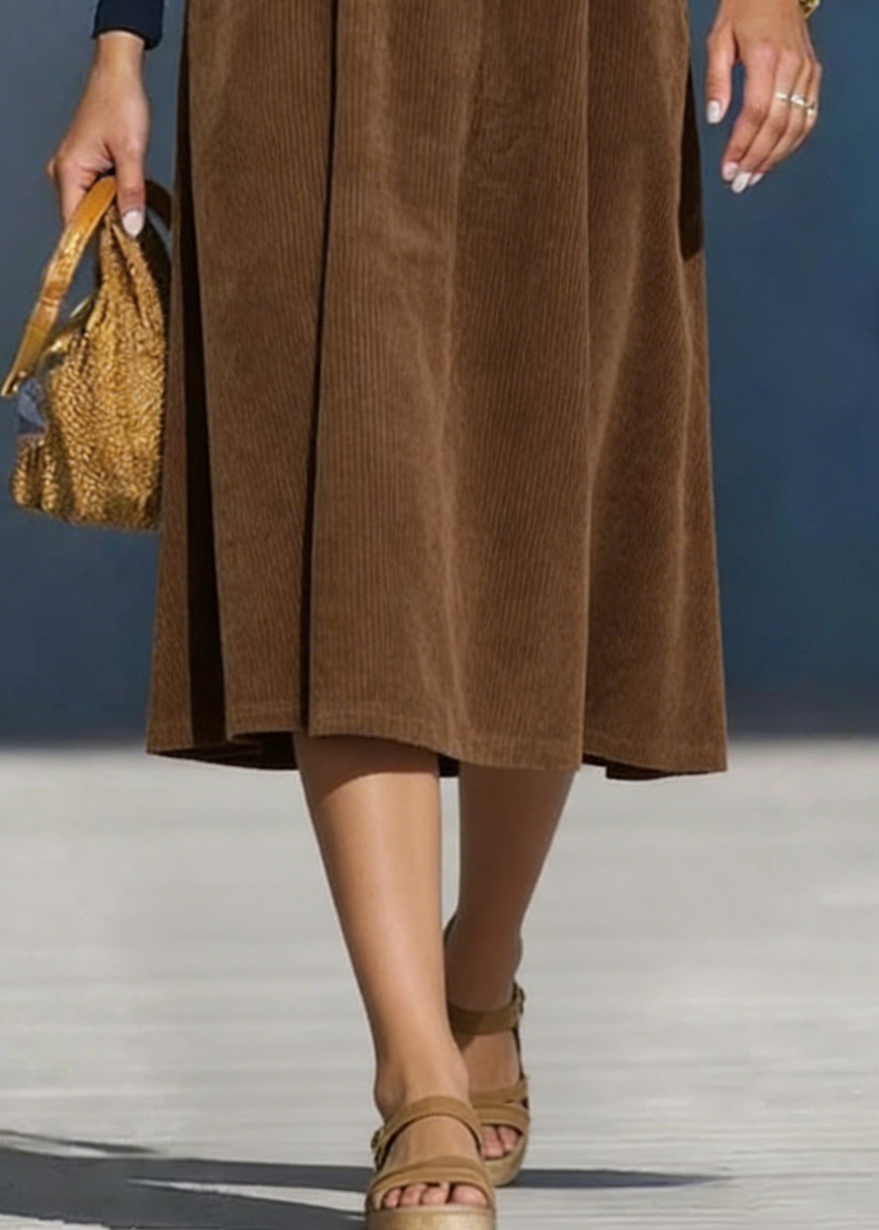 Simple Coffee Pockets Solid Elastic Waist Corduroy Skirt