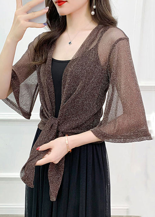 Simple Coffee Solid Bright Silk Tulle Cardigan Summer