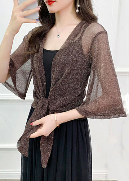 Simple Coffee Solid Bright Silk Tulle Cardigan Summer