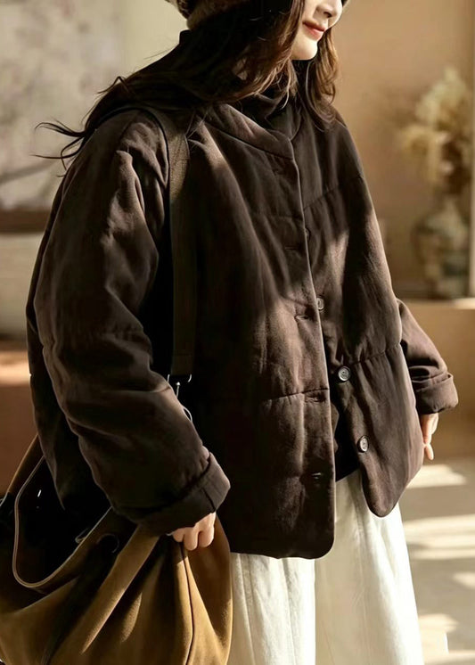 Simple Coffee Stand Collar Cotton Filled Puffer Jacket Winter