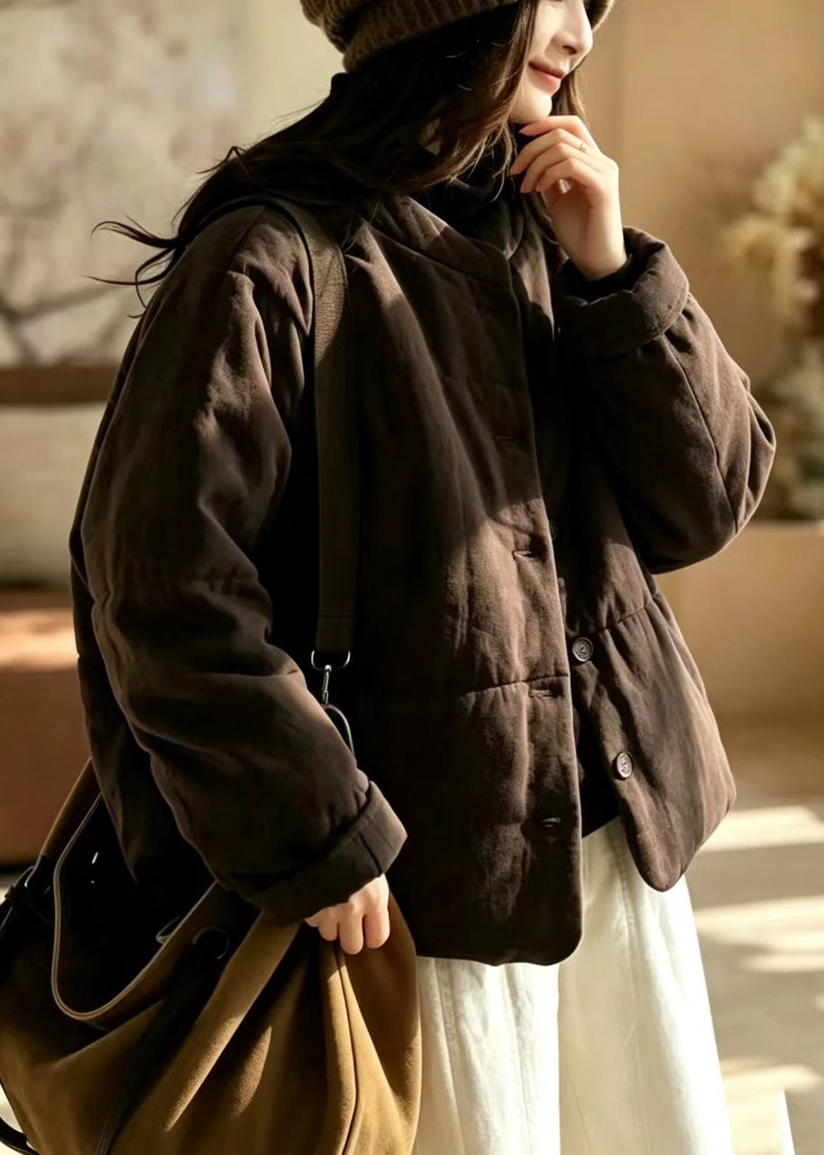 Simple Coffee Stand Collar Cotton Filled Puffer Jacket Winter