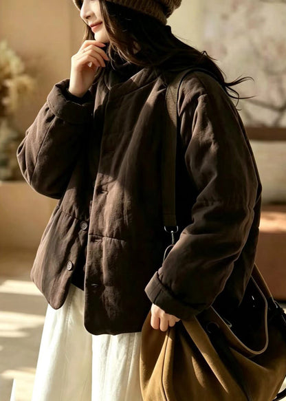 Simple Coffee Stand Collar Cotton Filled Puffer Jacket Winter
