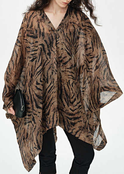 Simple Coffee V Neck Asymmetrical Design Print Cotton Dress Summer