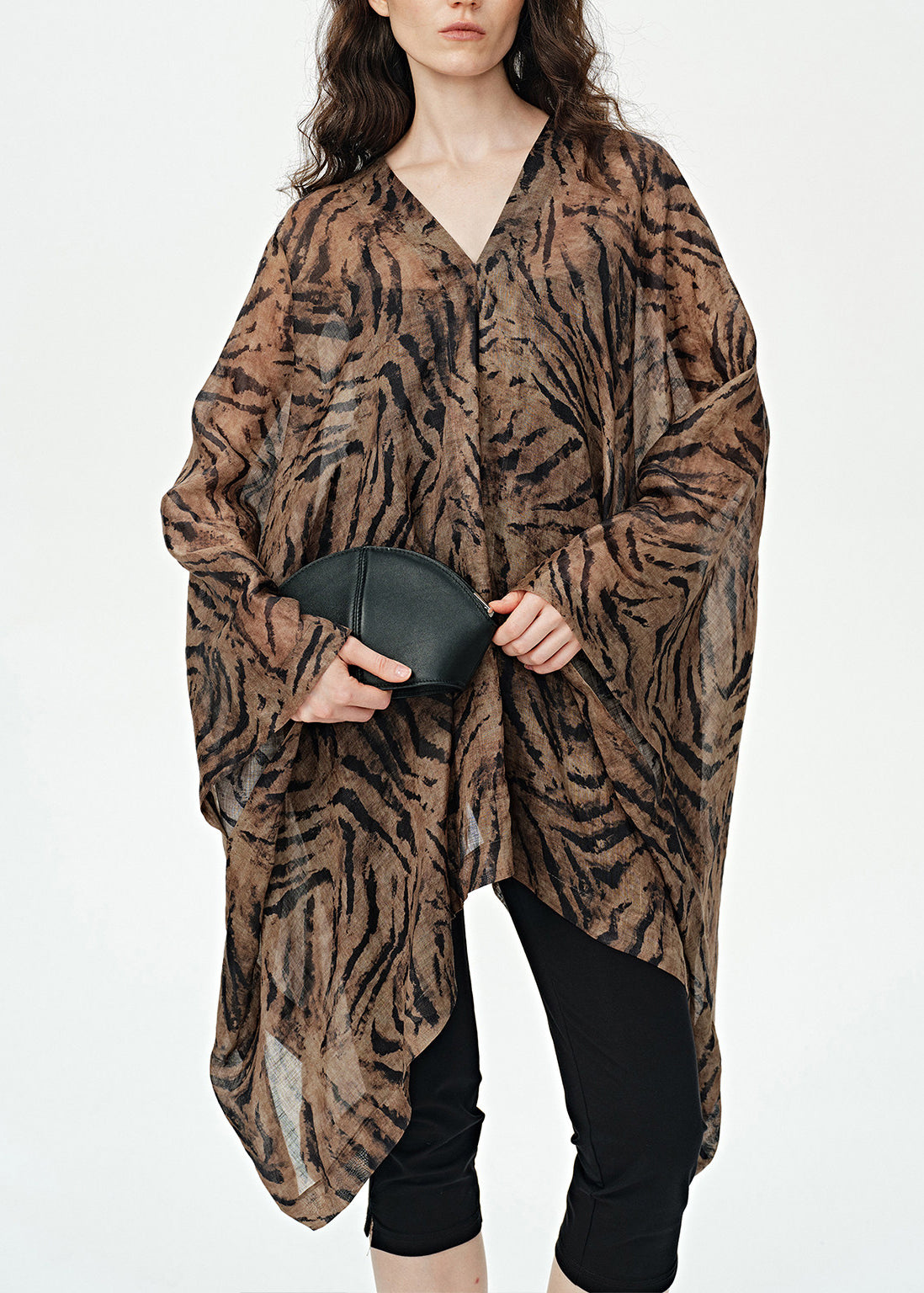 Simple Coffee V Neck Asymmetrical Design Print Cotton Dress Summer
