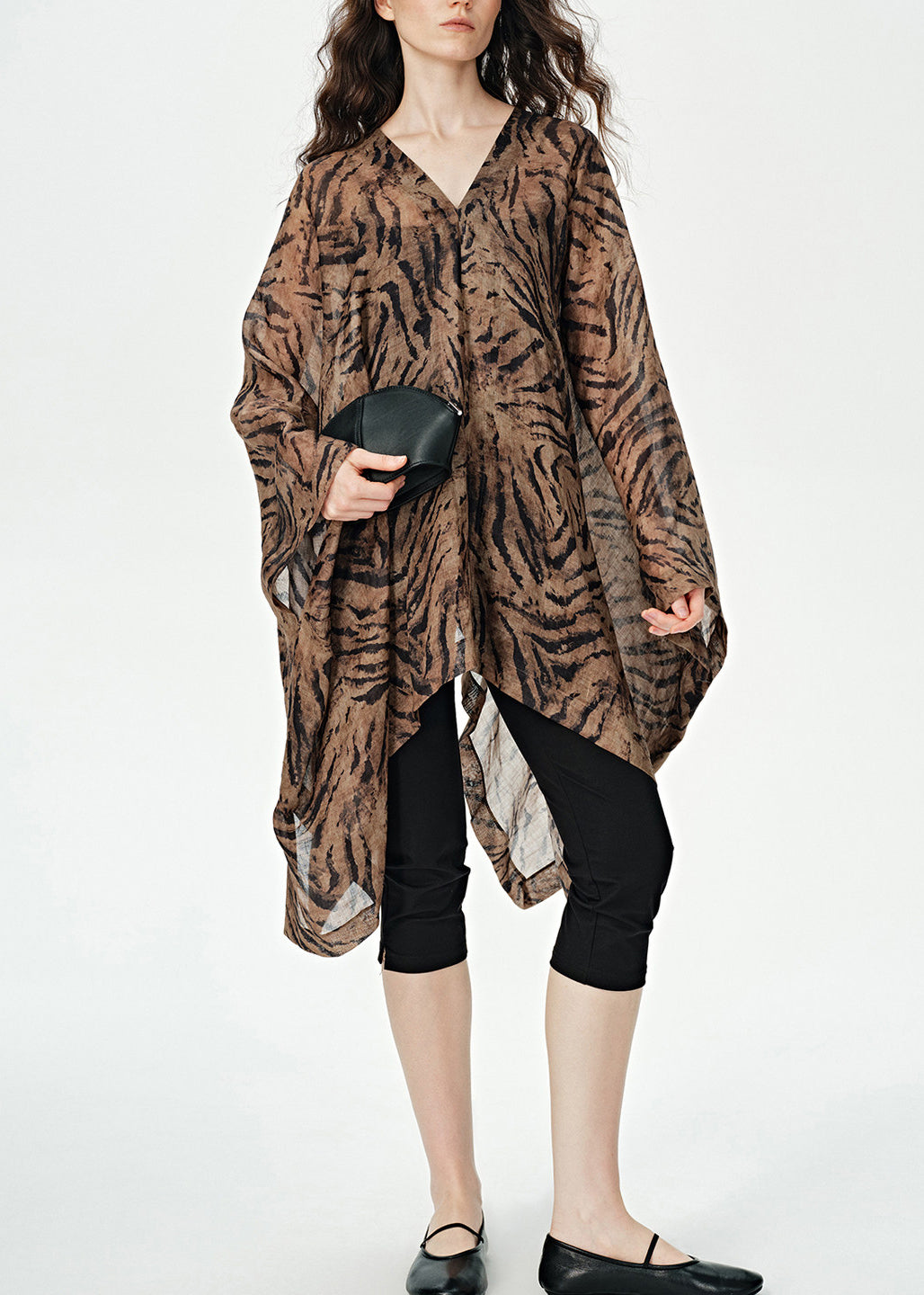 Simple Coffee V Neck Asymmetrical Design Print Cotton Dress Summer