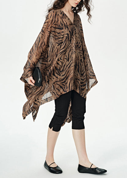 Simple Coffee V Neck Asymmetrical Design Print Cotton Dress Summer