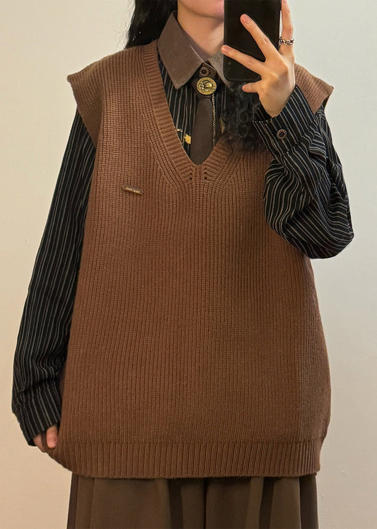 Simple Coffee V Neck Solid Knit Vest Sleeveless