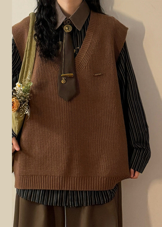 Simple Coffee V Neck Solid Knit Vest Sleeveless