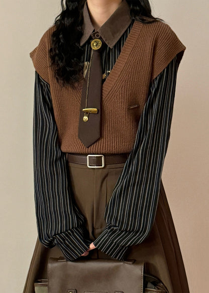 Simple Coffee V Neck Solid Knit Vest Sleeveless