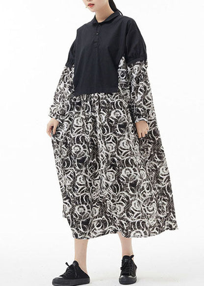 Simple Colorblock Peter Pan Collar print Patchwork Chiffon shirt Dress Spring