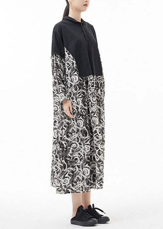 Simple Colorblock Peter Pan Collar print Patchwork Chiffon shirt Dress Spring