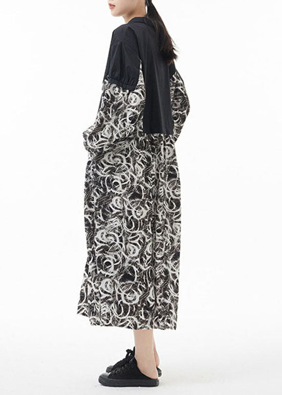 Simple Colorblock Peter Pan Collar print Patchwork Chiffon shirt Dress Spring