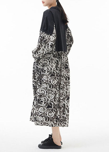 Simple Colorblock Peter Pan Collar print Patchwork Chiffon shirt Dress Spring