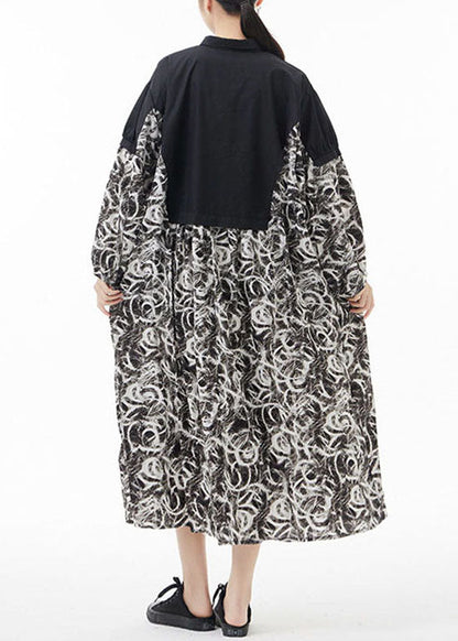 Simple Colorblock Peter Pan Collar print Patchwork Chiffon shirt Dress Spring