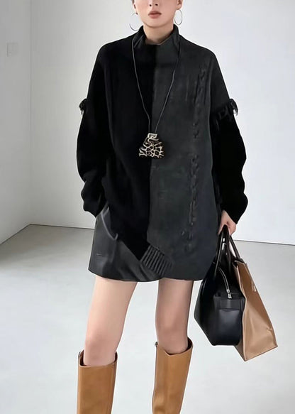Simple Colorblock Turtleneck Fringe Oversized Knit Sweater Tops Fall