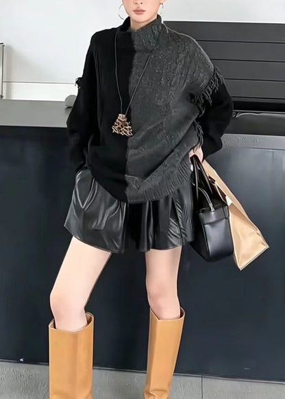 Simple Colorblock Turtleneck Fringe Oversized Knit Sweater Tops Fall