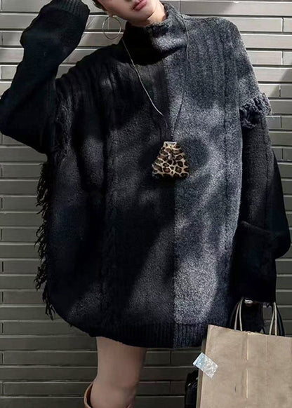 Simple Colorblock Turtleneck Fringe Oversized Knit Sweater Tops Fall