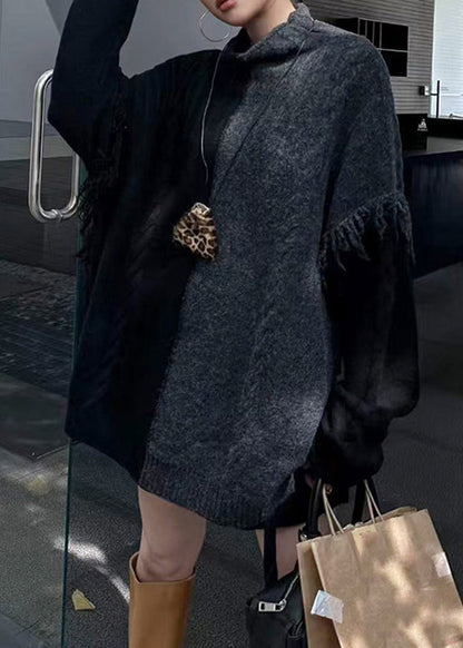 Simple Colorblock Turtleneck Fringe Oversized Knit Sweater Tops Fall