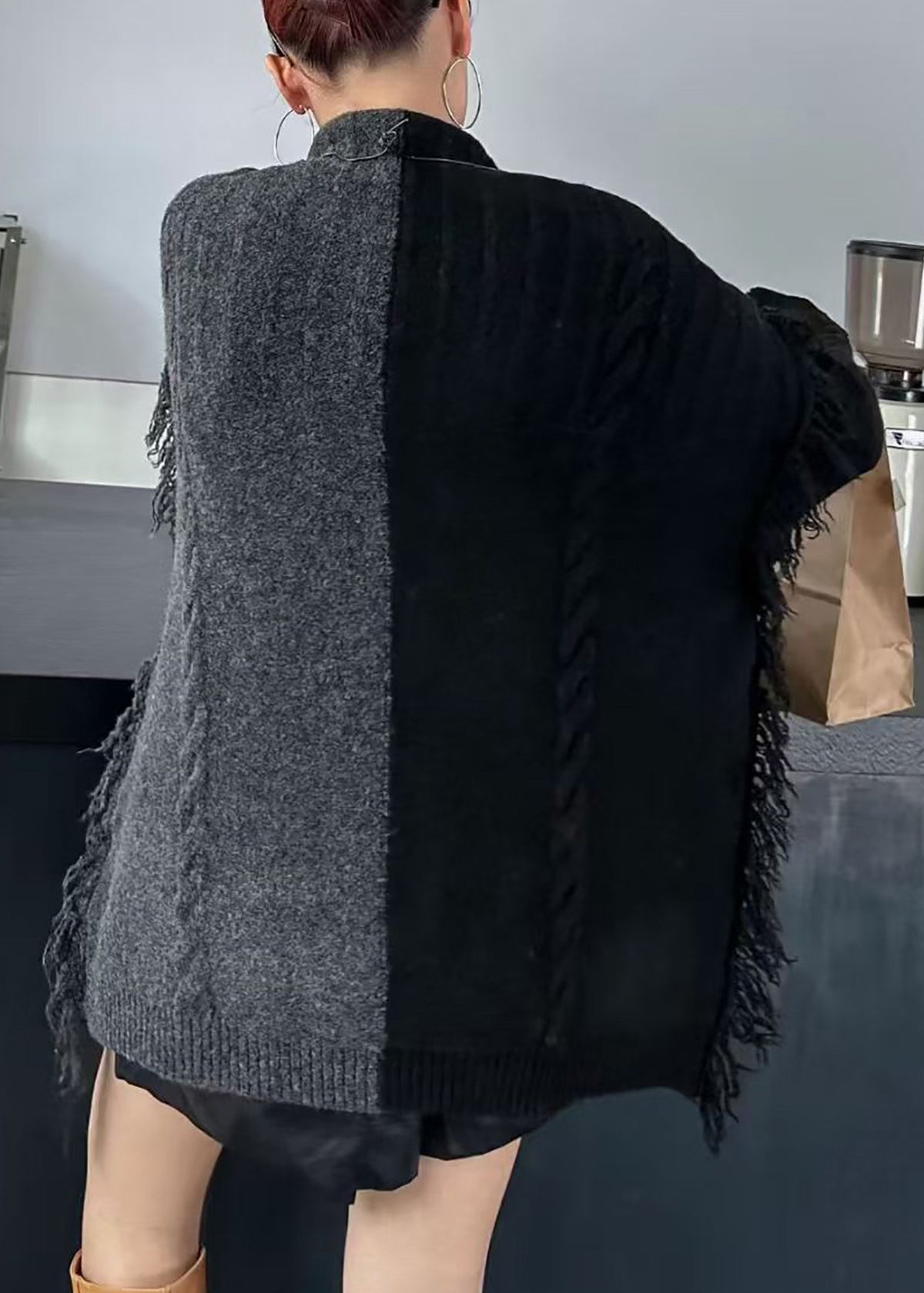 Simple Colorblock Turtleneck Fringe Oversized Knit Sweater Tops Fall