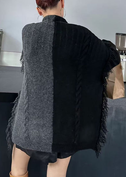 Simple Colorblock Turtleneck Fringe Oversized Knit Sweater Tops Fall