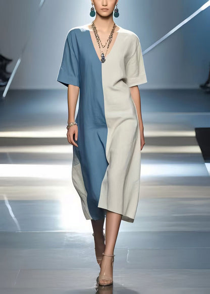 Simple Colorblock V Neck Patchwork Cotton Dress Summer