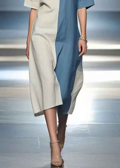 Simple Colorblock V Neck Patchwork Cotton Dress Summer