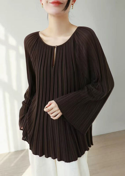 Simple Dark Brown O-Neck Pleated Knitted Tops Flare Sleeve