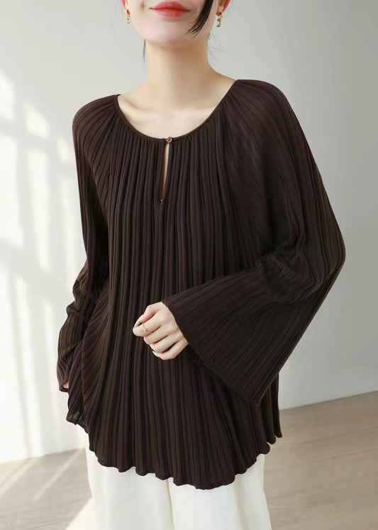 Simple Dark Brown O-Neck Pleated Knitted Tops Flare Sleeve