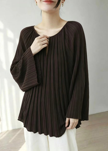 Simple Dark Brown O-Neck Pleated Knitted Tops Flare Sleeve