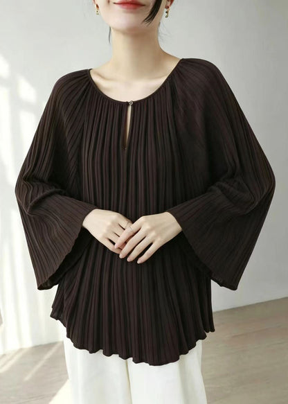 Simple Dark Brown O-Neck Pleated Knitted Tops Flare Sleeve