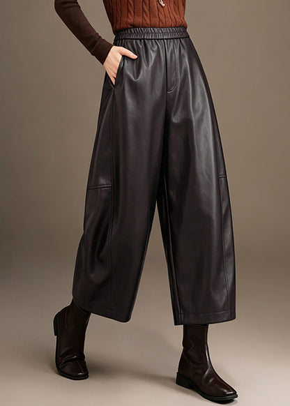 Simple Dark Coffee Elastic Waist Faux Leather Straight Leg Crop Pants Fall