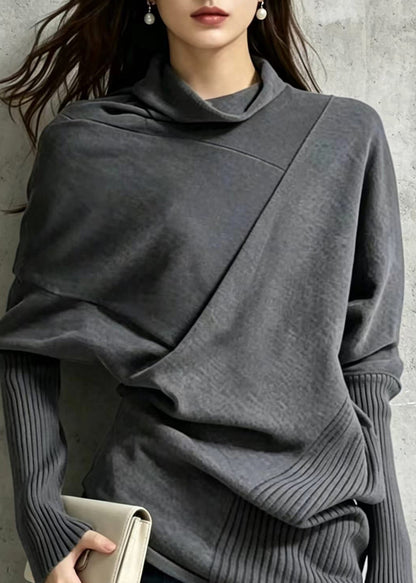 Simple Dark Gray Asymmetrical Turtleneck Knit Pullover Fall