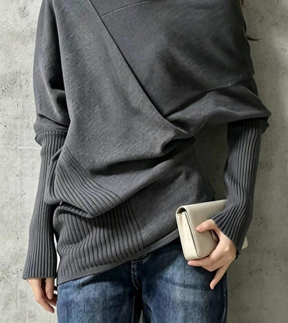 Simple Dark Gray Asymmetrical Turtleneck Knit Pullover Fall