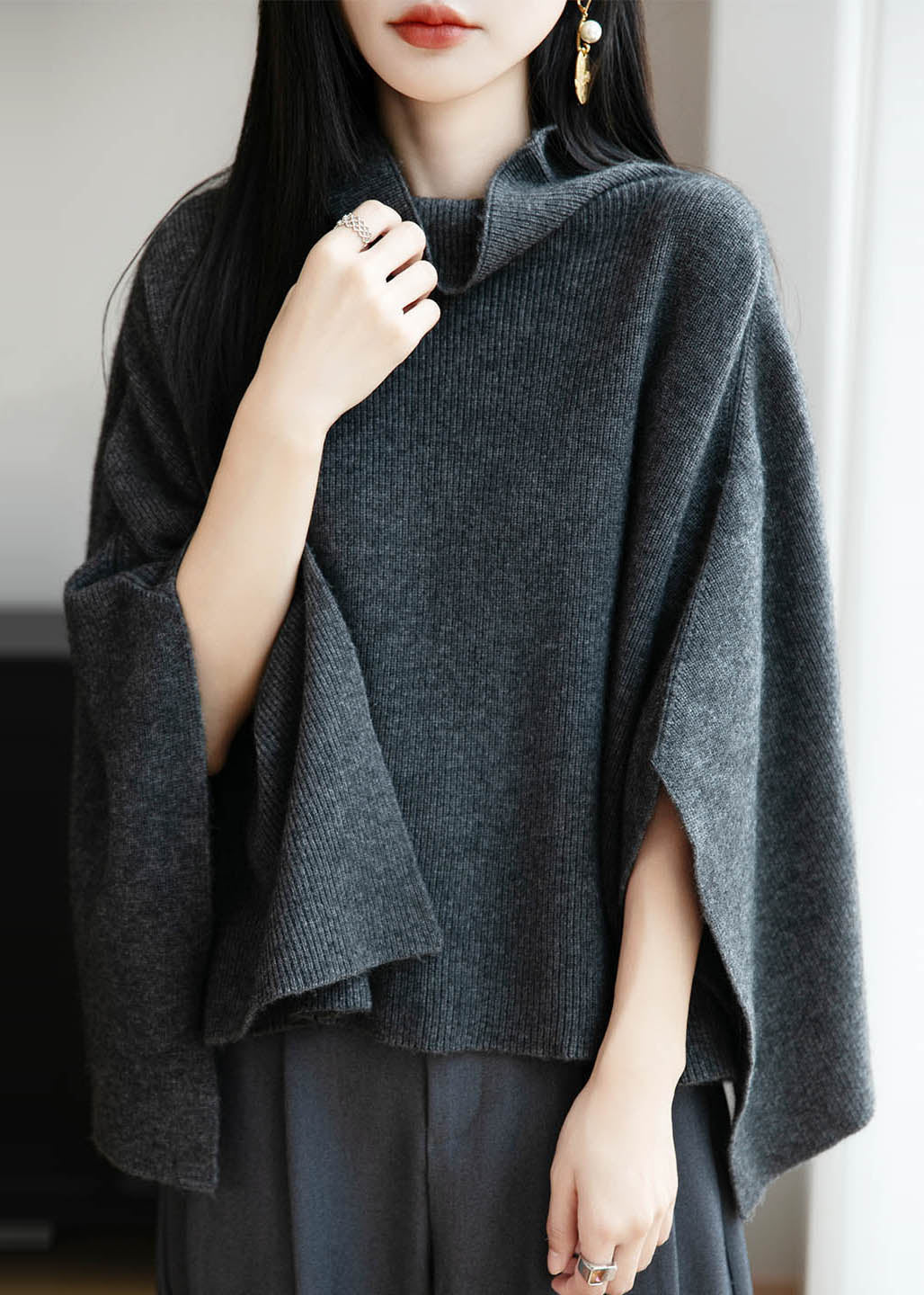 Simple Dark Gray Cozy Solid Wool Sweaters Batwing Sleeve