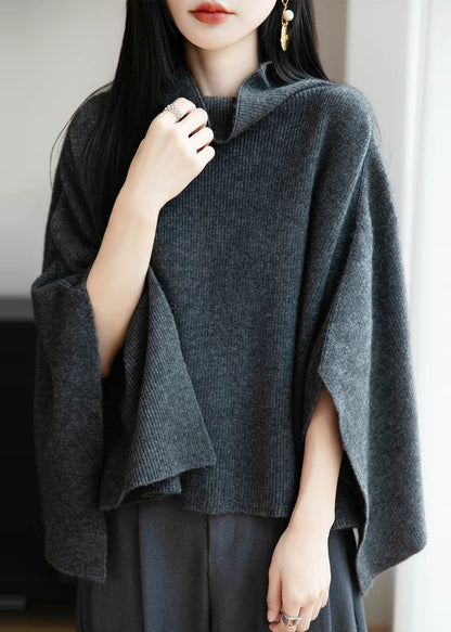 Simple Dark Gray Cozy Solid Wool Sweaters Batwing Sleeve