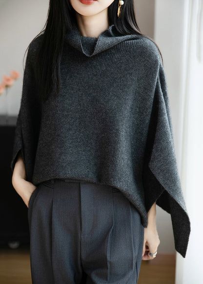 Simple Dark Gray Cozy Solid Wool Sweaters Batwing Sleeve