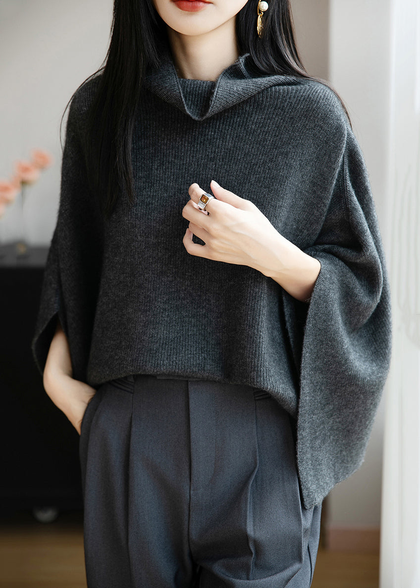 Simple Dark Gray Cozy Solid Wool Sweaters Batwing Sleeve