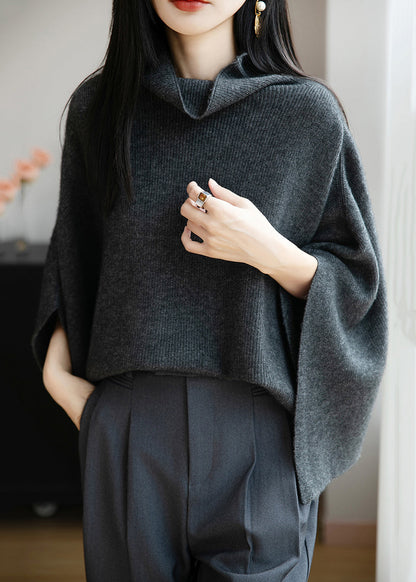 Simple Dark Gray Cozy Solid Wool Sweaters Batwing Sleeve