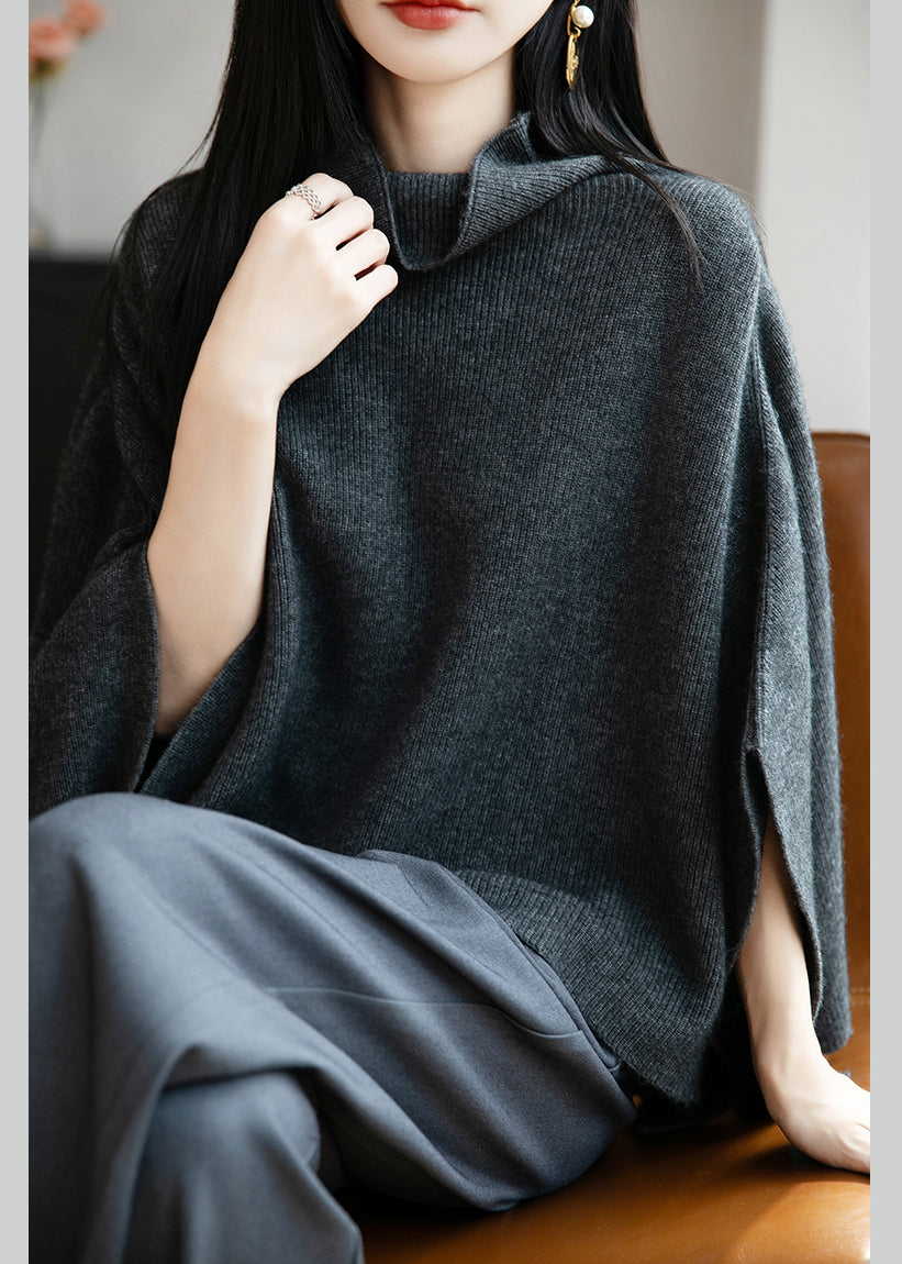 Simple Dark Gray Cozy Solid Wool Sweaters Batwing Sleeve