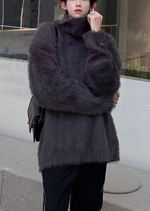 Simple Dark Gray Solid Mink Hair Knitted Mens Sweaters Turtleneck Winter