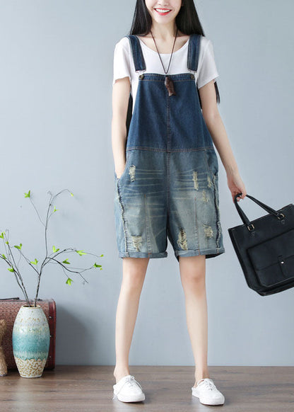 Simple Denim Blue Oversized Cotton Shorts Jumpsuit Ripped Jeans Summer