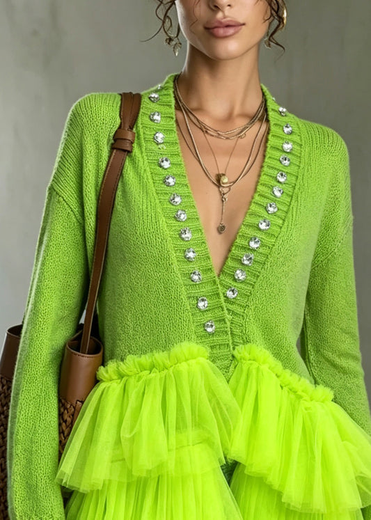 Simple Fluorescent Green Rhinestone Patchwork Tulle Cardigan Fall