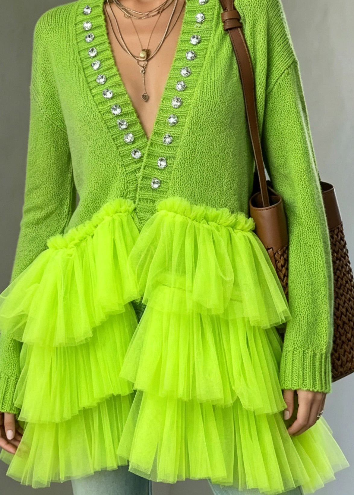 Simple Fluorescent Green Rhinestone Patchwork Tulle Cardigan Fall